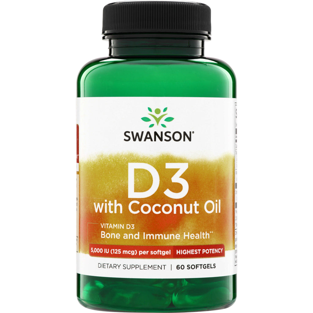 SWU896 | Swanson D3 with Coconut Oil, Vitamin D3 5,000 IU (125 mcg) per softgel, Highest Potency, 60 softgels bottle front - Thumbnail