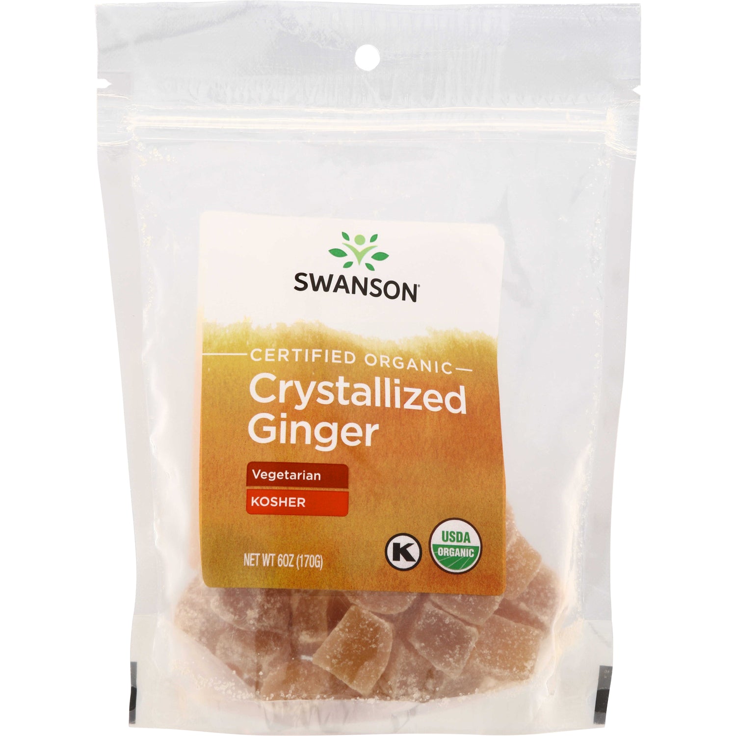 SWF075 | Swanson Certified Organic Crystallized Ginger, vegetarian and kosher, USDA Organic, 6 oz resealable bag