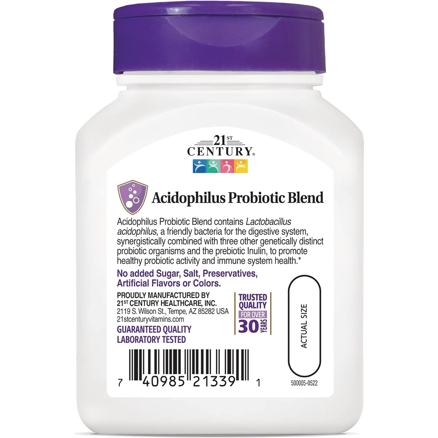 CNT091 | Acidophilus Probiotic Blend back label on white bottle showing product description, claims, and barcode