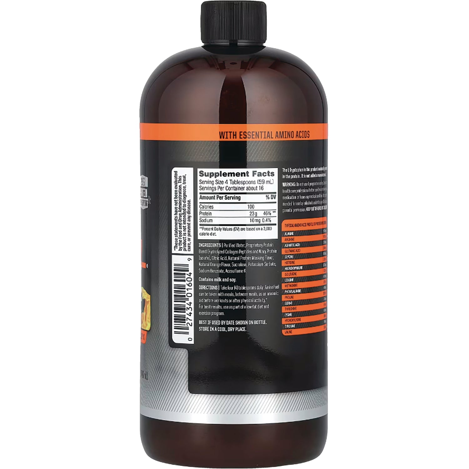 TL1142 | Back of liquid supplement bottle showing Supplement Facts, ingredients, barcode, and 'WITH ESSENTIAL AMINO ACIDS'