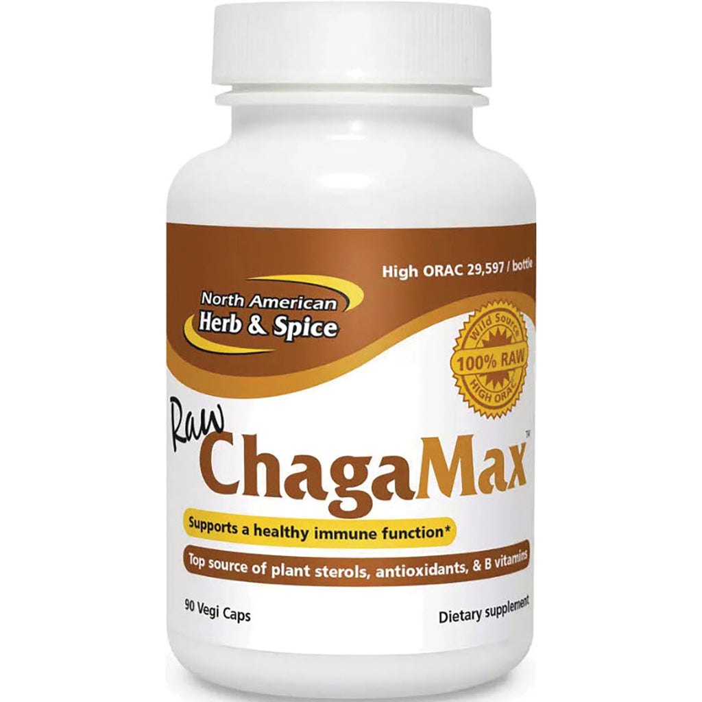 NHS048 | White bottle of Raw ChagaMax dietary supplement by North American Herb & Spice, 90 vegi caps label - Thumbnail