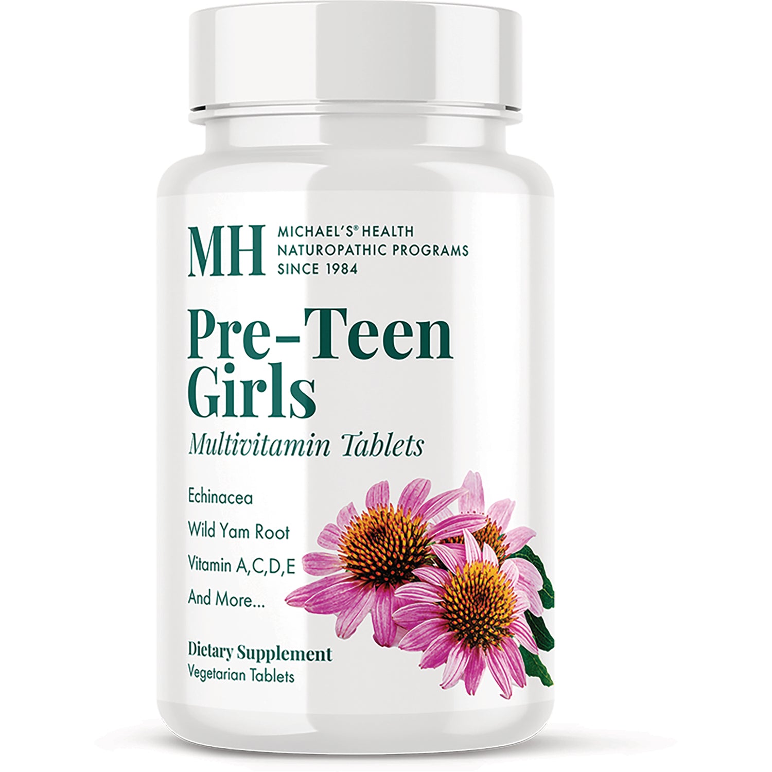 MNP018 | White bottle labeled MH Pre-Teen Girls Multivitamin Tablets with pink echinacea flowers