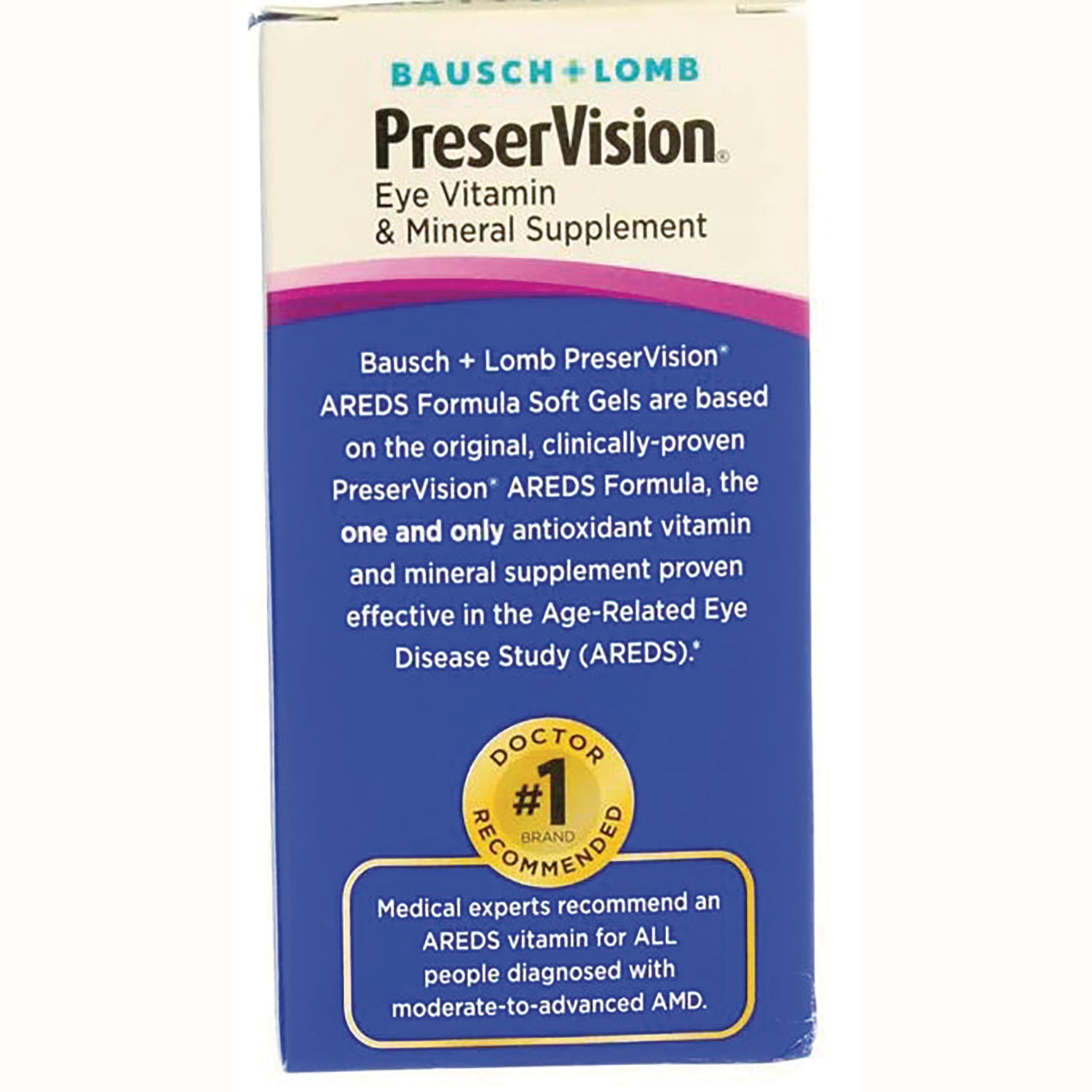 BNL020 | PreserVision eye vitamin & mineral supplement panel describing AREDS formula and doctor #1 recommended seal