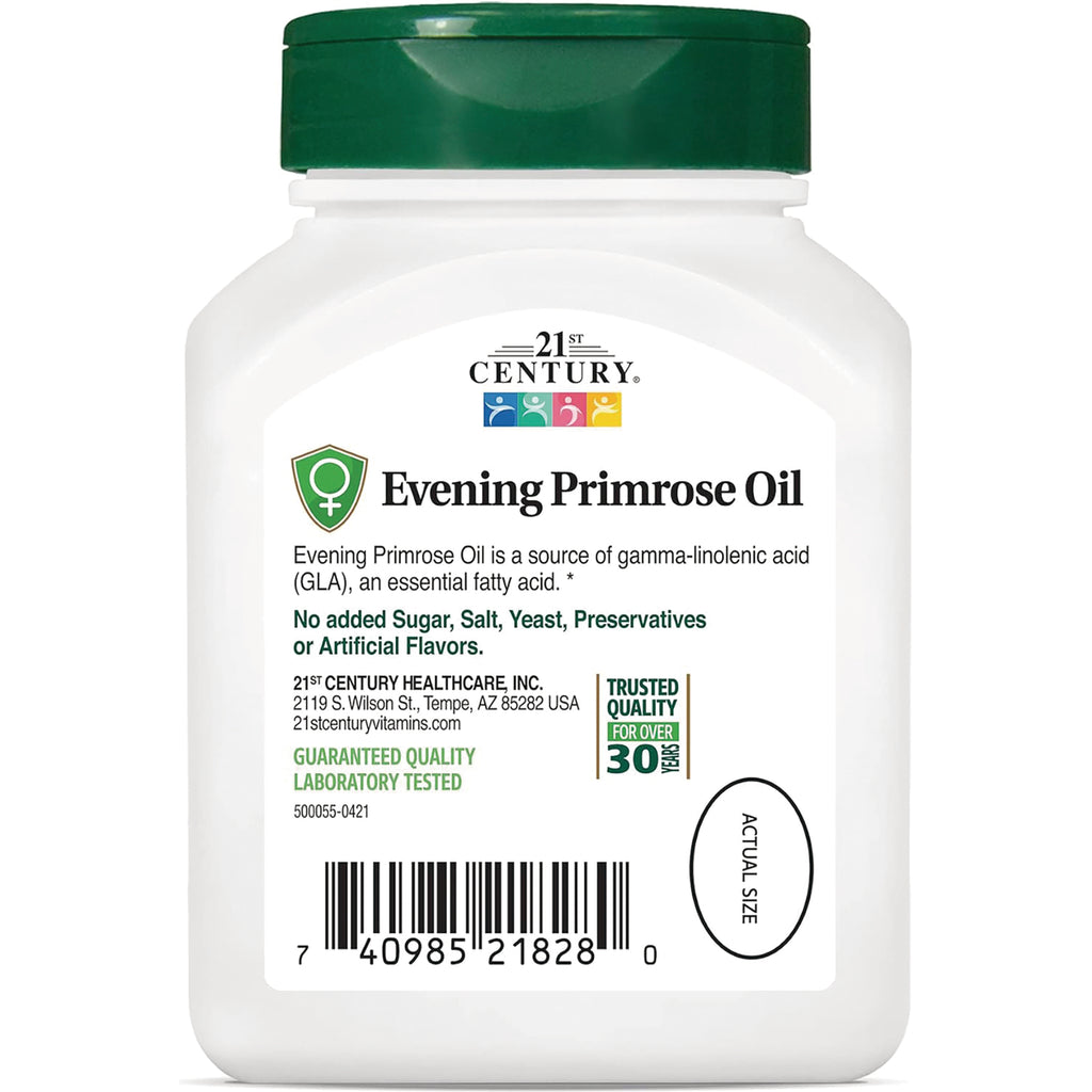 CNT052 | white bottle front label for 21st Century Evening Primrose Oil showing product name, claims, and barcode - Thumbnail