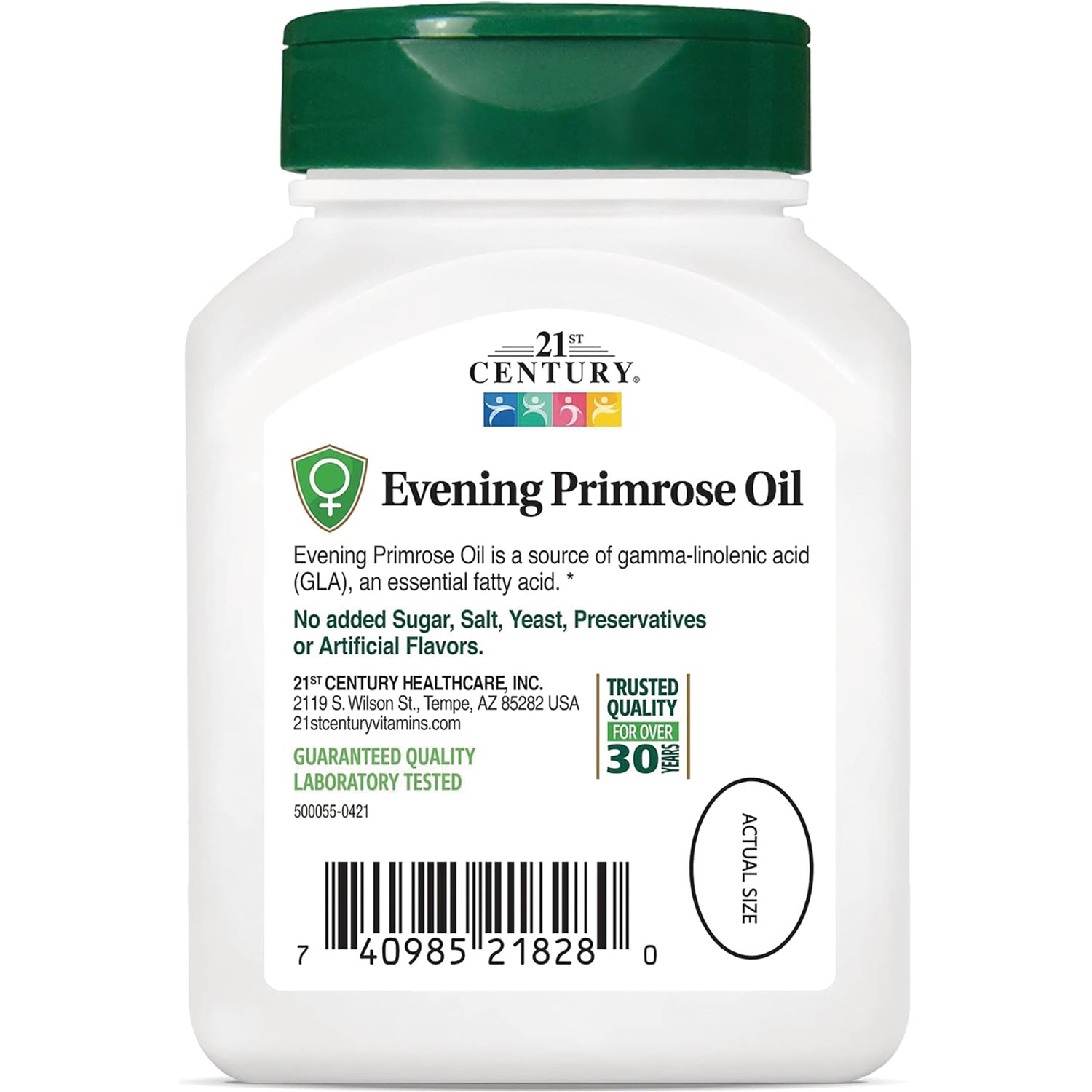 CNT052 | white bottle front label for 21st Century Evening Primrose Oil showing product name, claims, and barcode