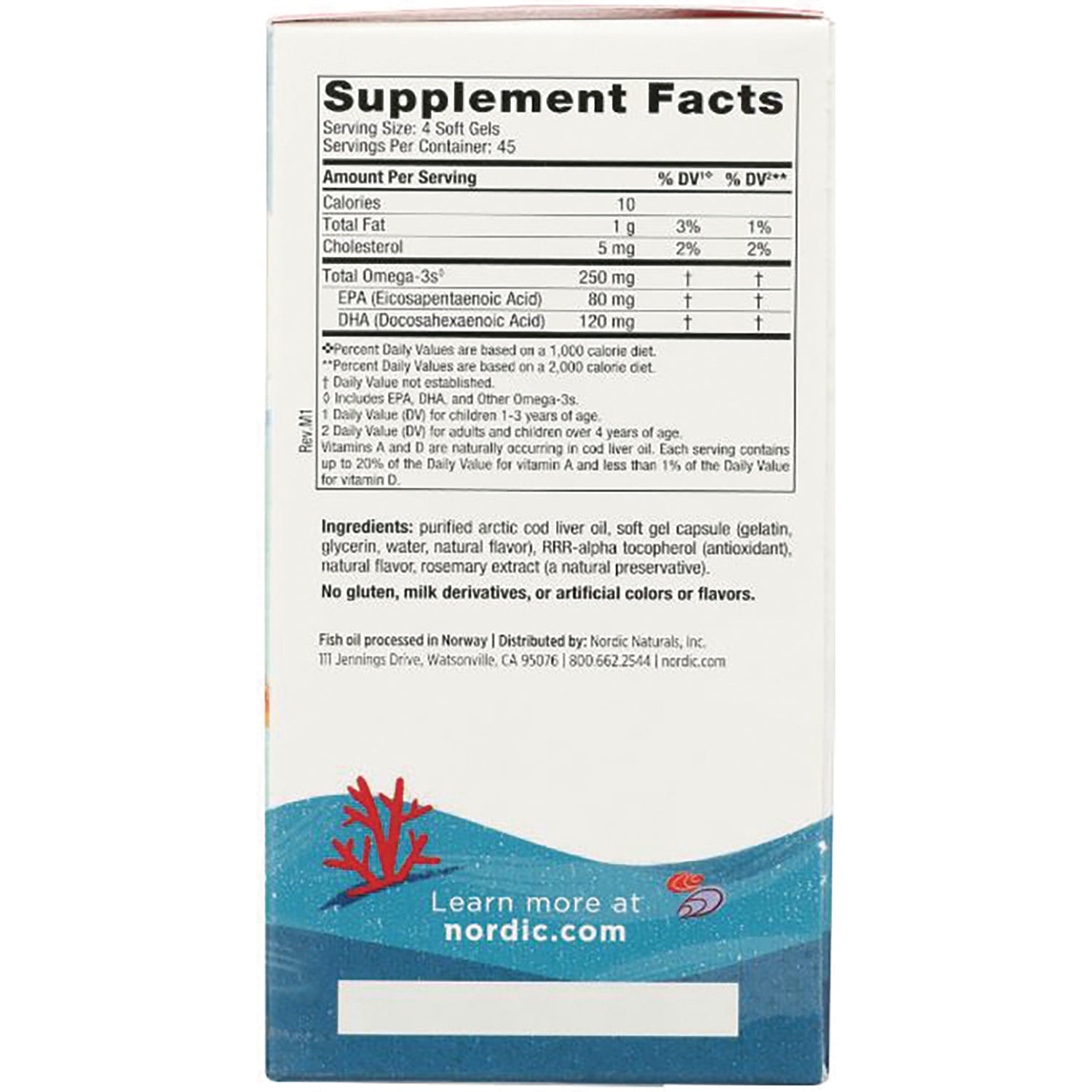 NRN002 | Back of supplement box showing Supplement Facts table, ingredients list, and nordic.com branding