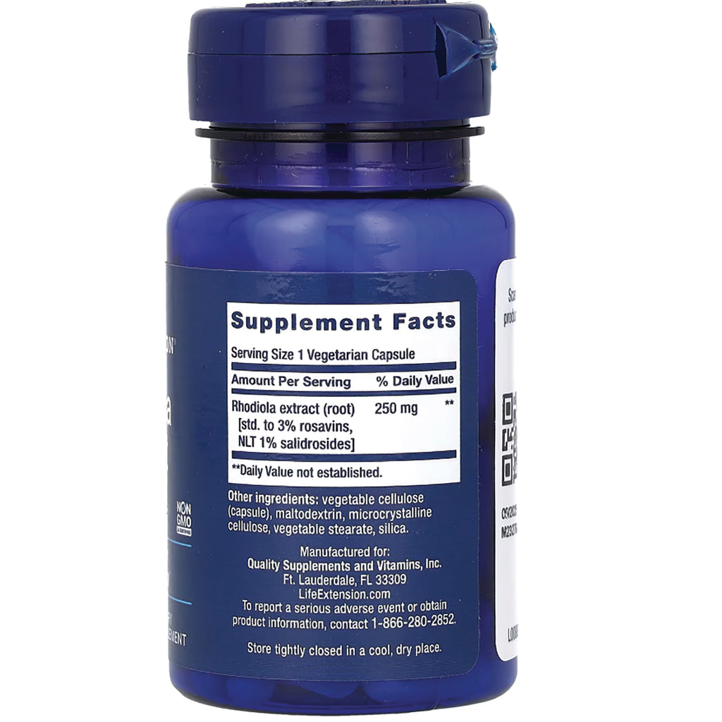 LE169 | Blue supplement bottle back showing Supplement Facts panel listing Rhodiola extract 250 mg and other ingredients - Thumbnail