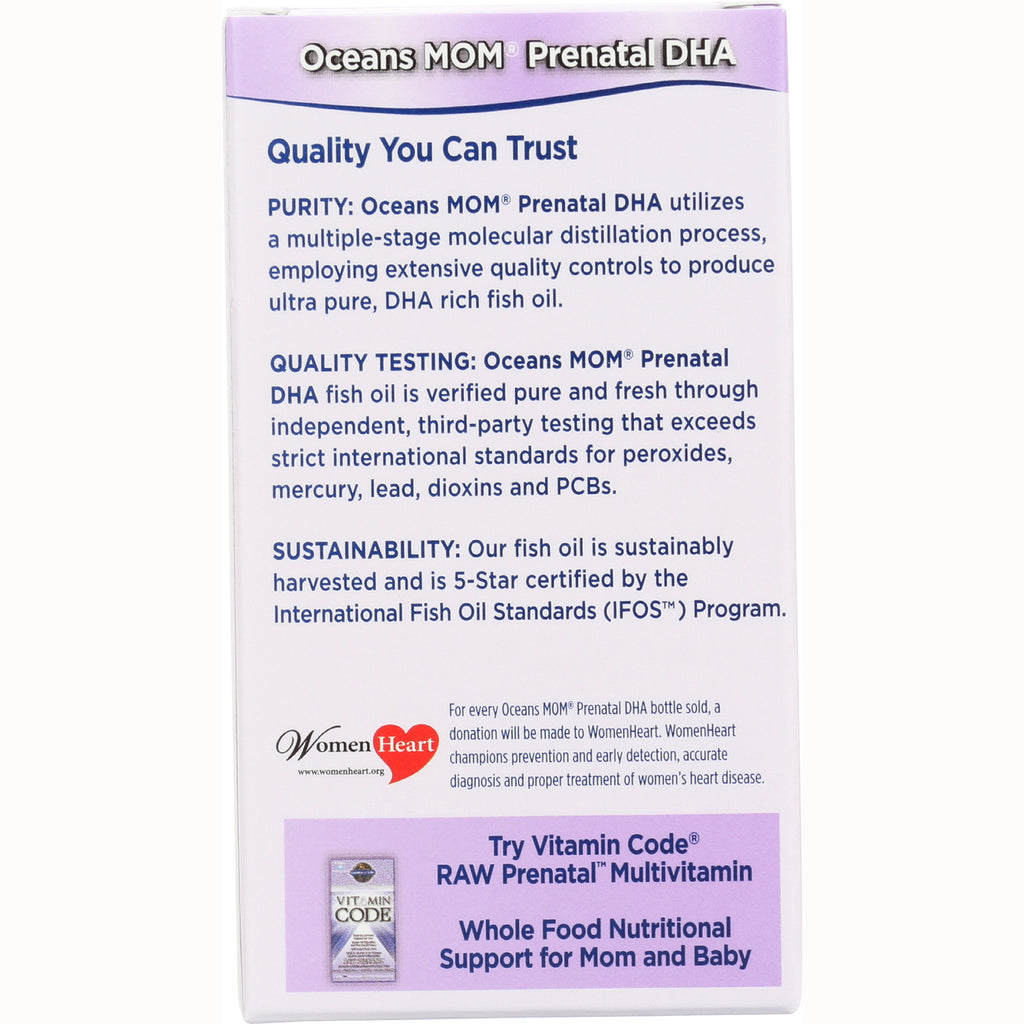 GLF057 | Oceans MOM Prenatal DHA back panel showing purity, quality testing, sustainability statements and WomenHeart logo - Thumbnail