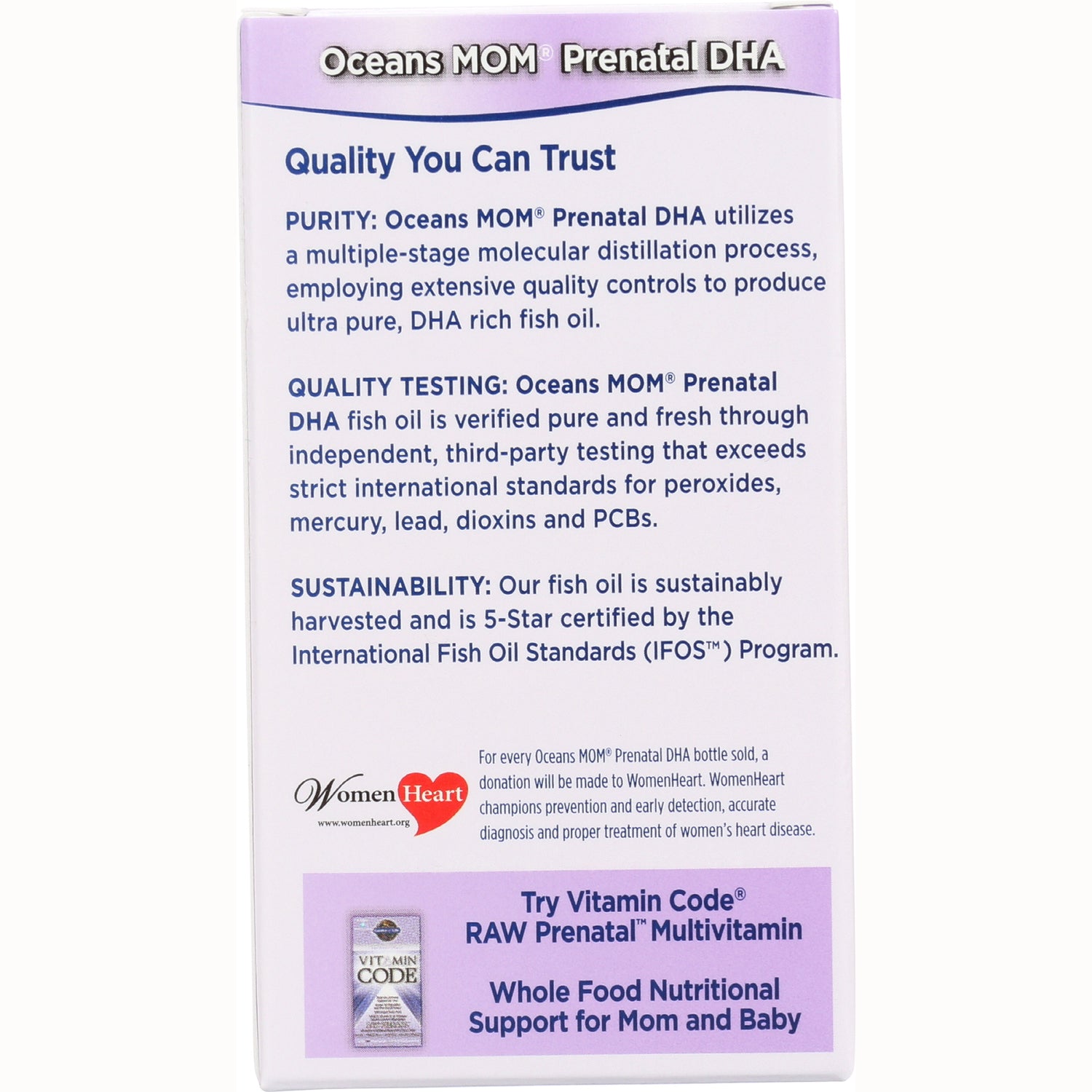 GLF057 | Oceans MOM Prenatal DHA back panel showing purity, quality testing, sustainability statements and WomenHeart logo