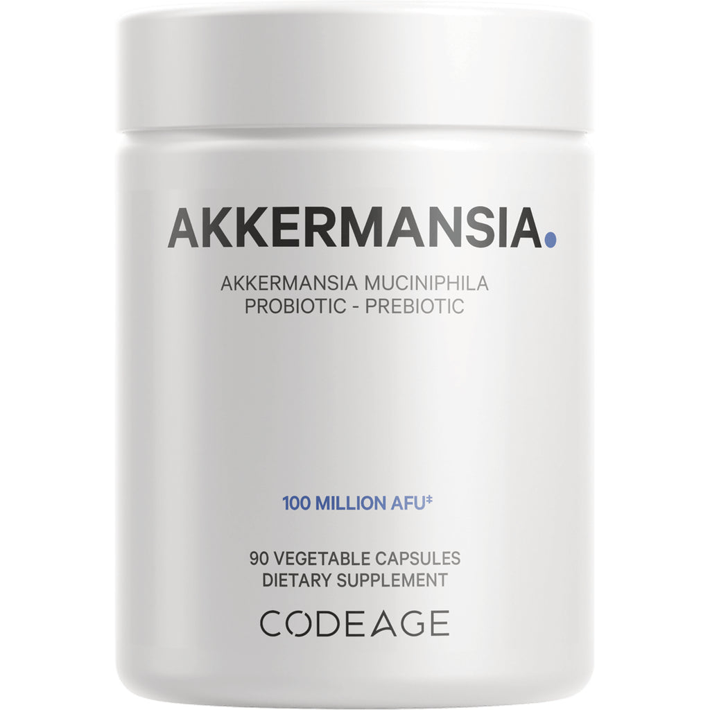CDG001 | white supplement bottle labeled AKKERMANSIA probiotic-prebiotic, 100 MILLION AFU, 90 vegetable capsules - Thumbnail
