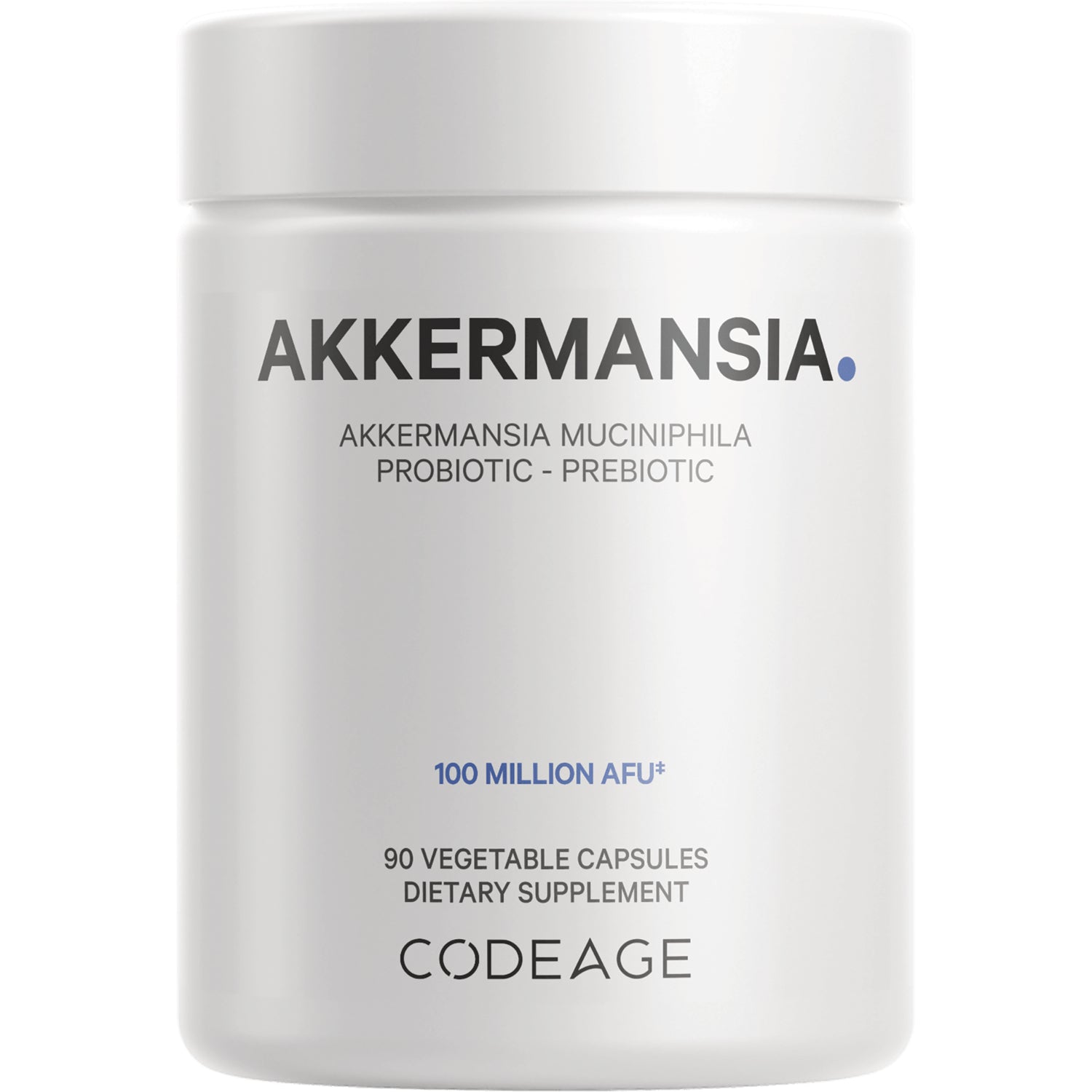 CDG001 | white supplement bottle labeled AKKERMANSIA probiotic-prebiotic, 100 MILLION AFU, 90 vegetable capsules