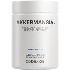 CDG001 | white supplement bottle labeled AKKERMANSIA probiotic-prebiotic, 100 MILLION AFU, 90 vegetable capsules