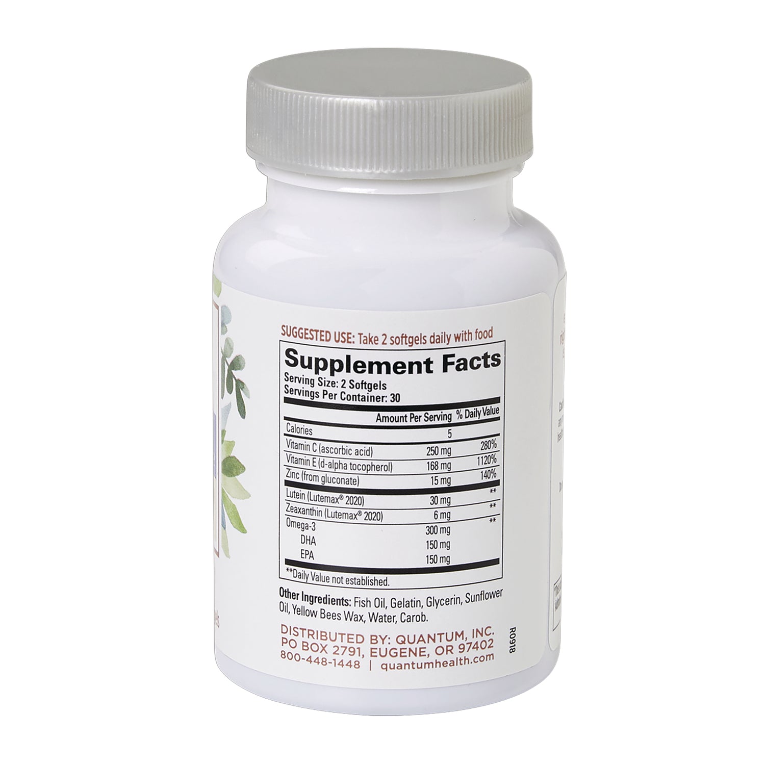 QU076 | back label of white supplement bottle showing Supplement Facts panel and ingredients