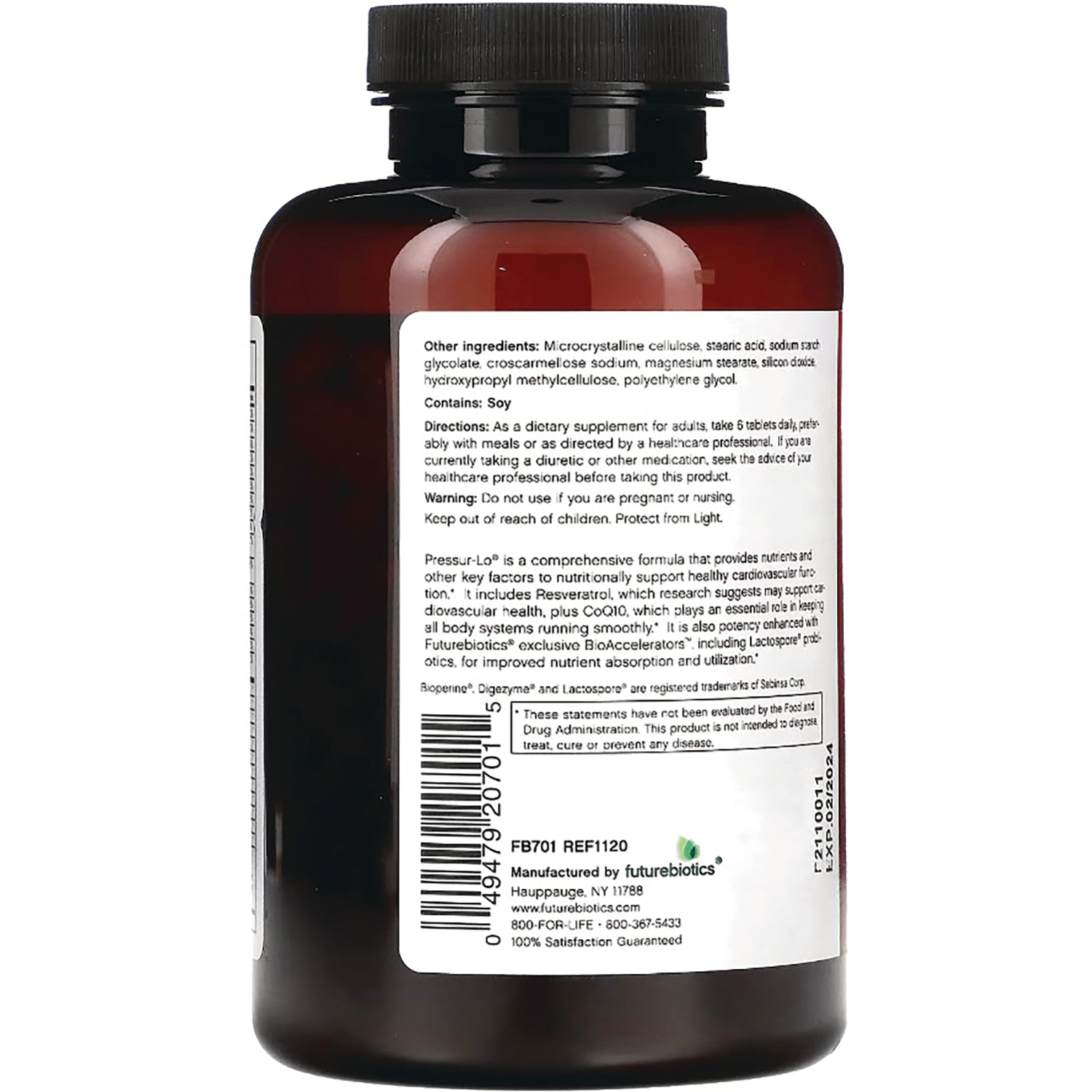 FB016 | back label of brown supplement bottle showing ingredients, directions, barcode, and manufacturer information