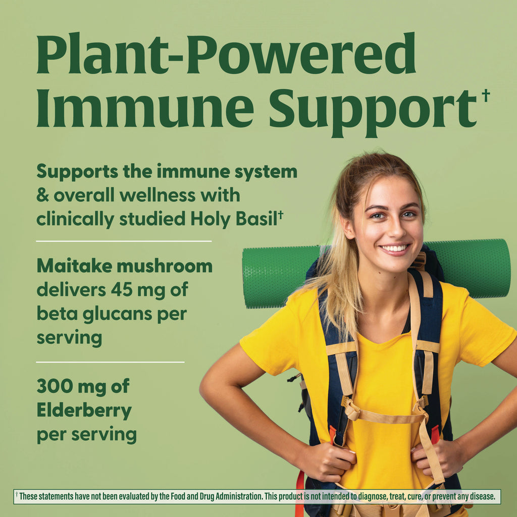 Young smiling woman with backpack beside infographic titled Plant-Powered Immune Support listing Maitake mushroom 45 mg and 300 mg Elderberry per serving - Thumbnail