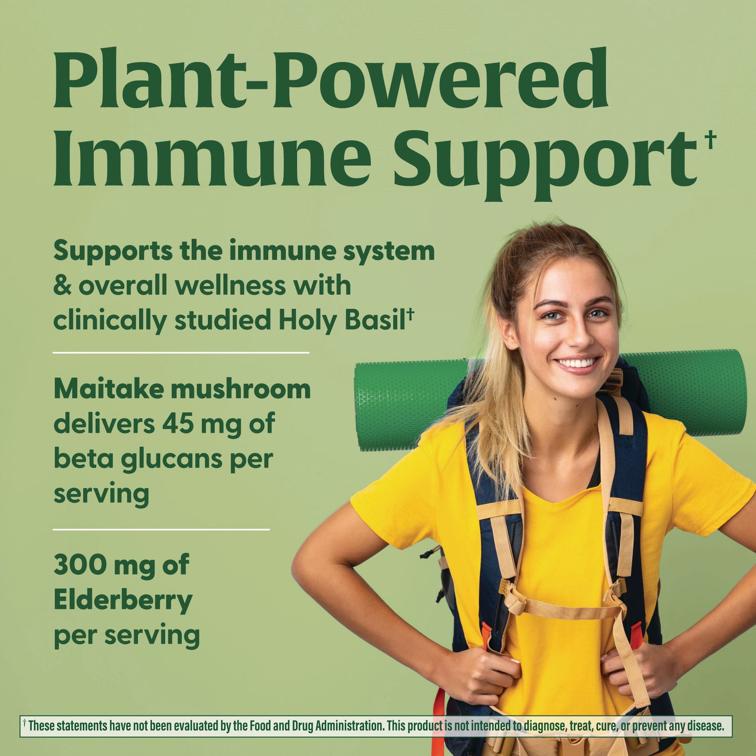 Young smiling woman with backpack beside infographic titled Plant-Powered Immune Support listing Maitake mushroom 45 mg and 300 mg Elderberry per serving
