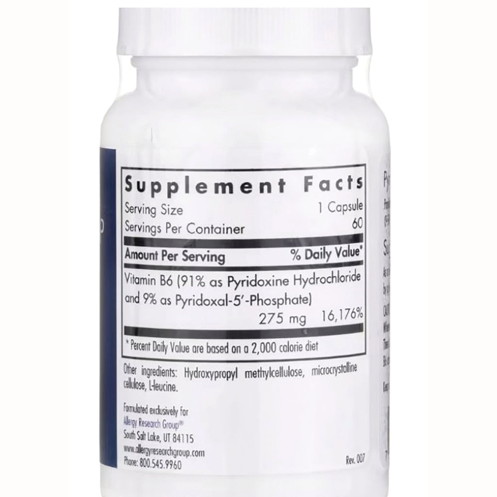 ARG026 | supplement facts panel on white bottle showing serving size 1 capsule, Vitamin B6 275 mg and ingredient list - Thumbnail