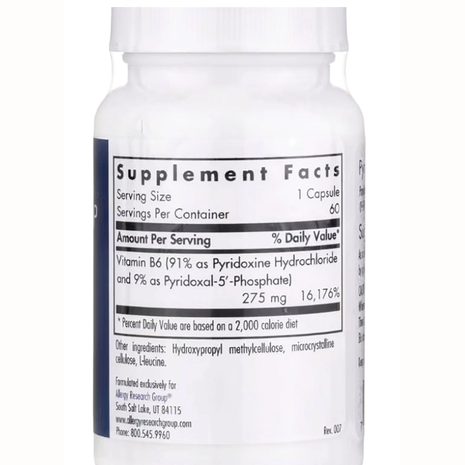 ARG026 | supplement facts panel on white bottle showing serving size 1 capsule, Vitamin B6 275 mg and ingredient list