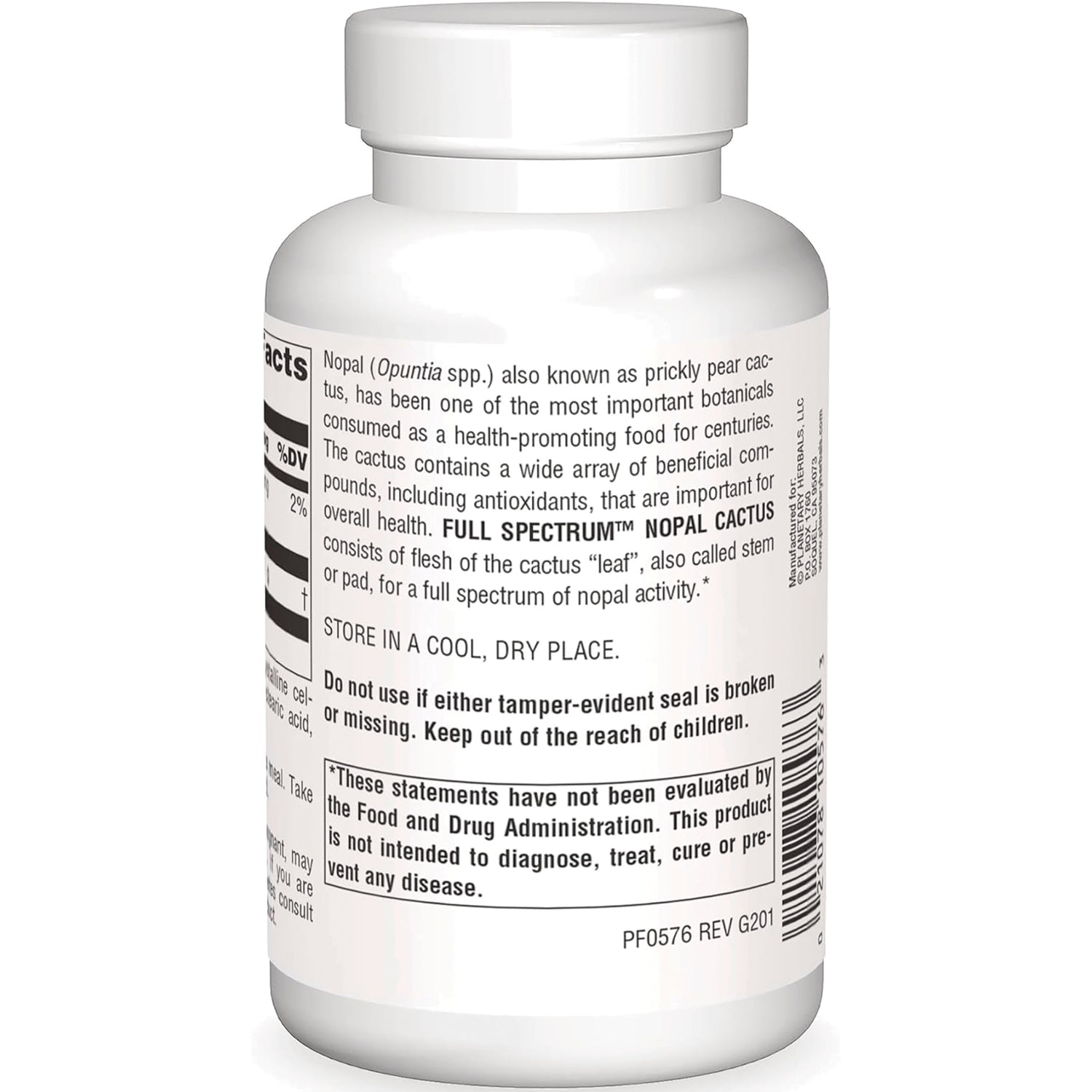 PF227 | back label of white supplement bottle showing nopal cactus description, storage instructions, FDA disclaimer and barcode