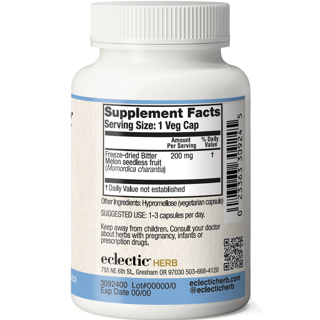 EC009 | Back of supplement bottle showing Supplement Facts label, serving size 1 Veg Cap, 200 mg bitter melon, barcode - Thumbnail