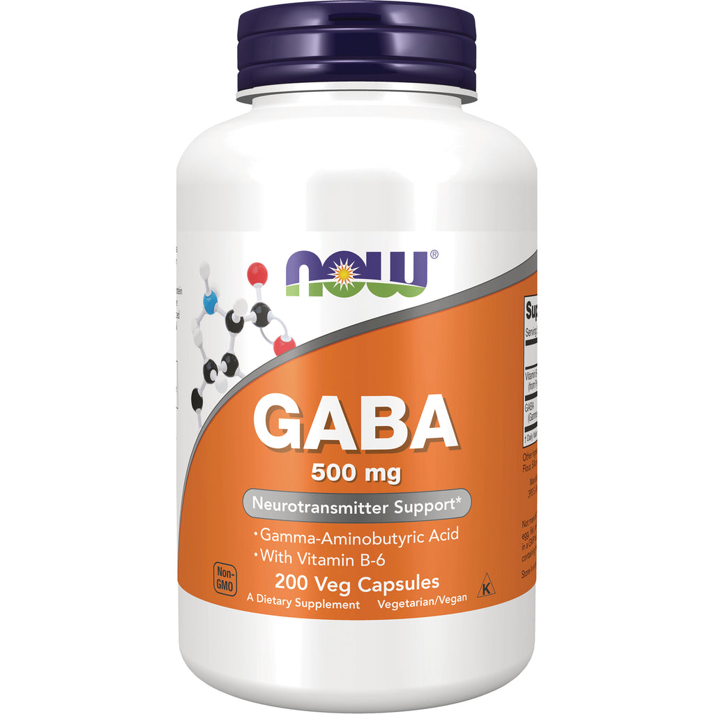 NWF749 | NOW GABA 500 mg supplement bottle, 200 vegetarian capsules, orange front label - Thumbnail