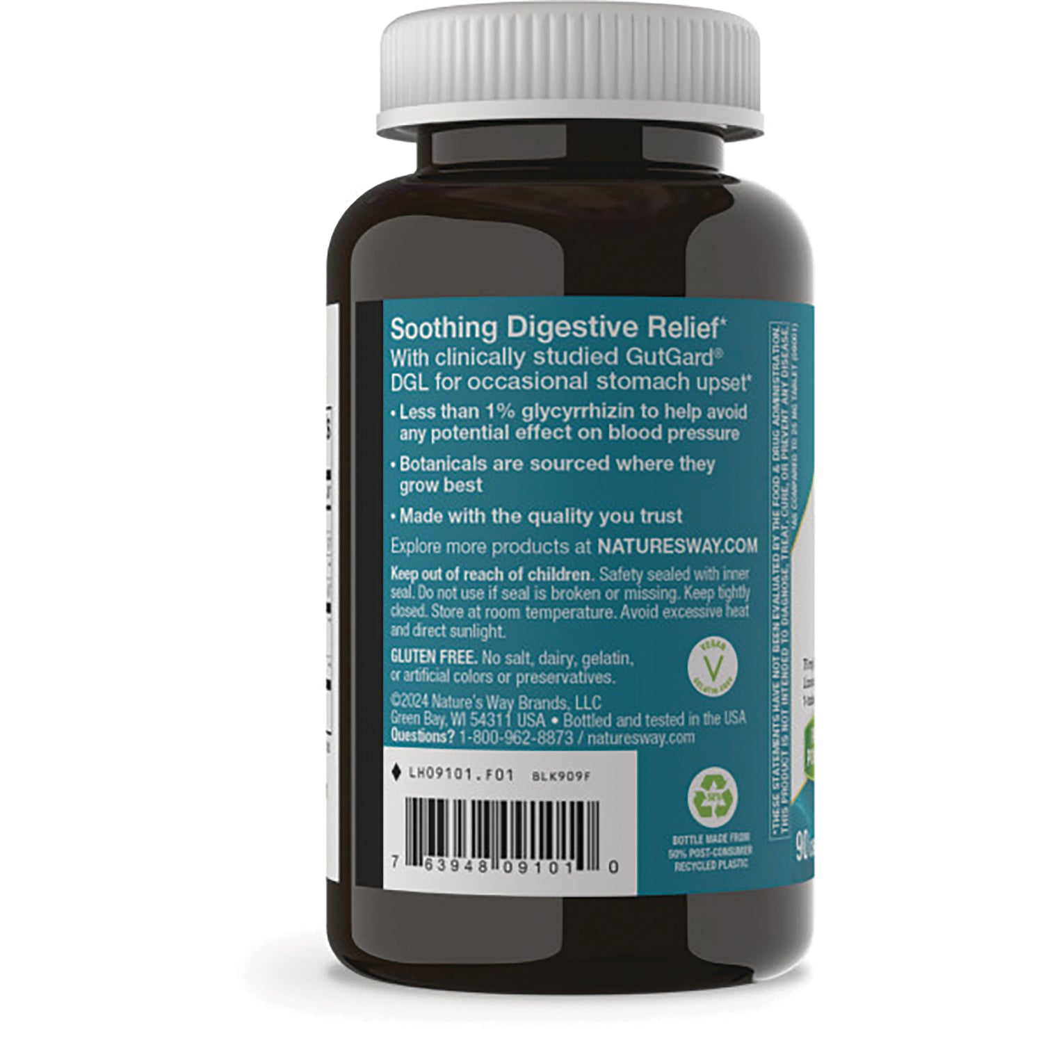ET360 | Back label of brown supplement bottle showing Soothing Digestive Relief text, ingredients and barcode