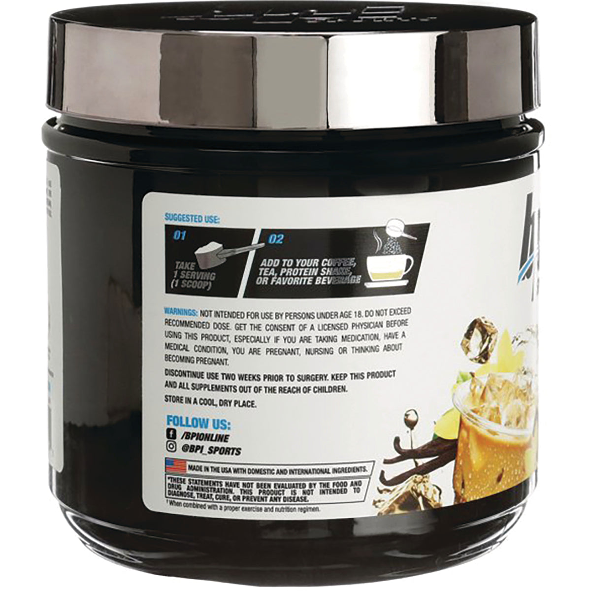 BPI025 | Back label of black supplement jar showing suggested use, warnings, social media icons and iced vanilla beverage graphic