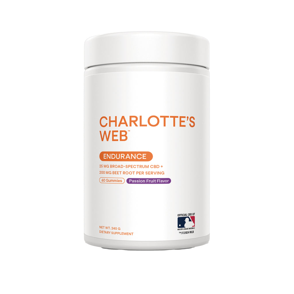 RE001 | White supplement jar labeled CHARLOTTE'S WEB Endurance 25 mg broad-spectrum CBD 60 gummies Passion Fruit flavor - Thumbnail