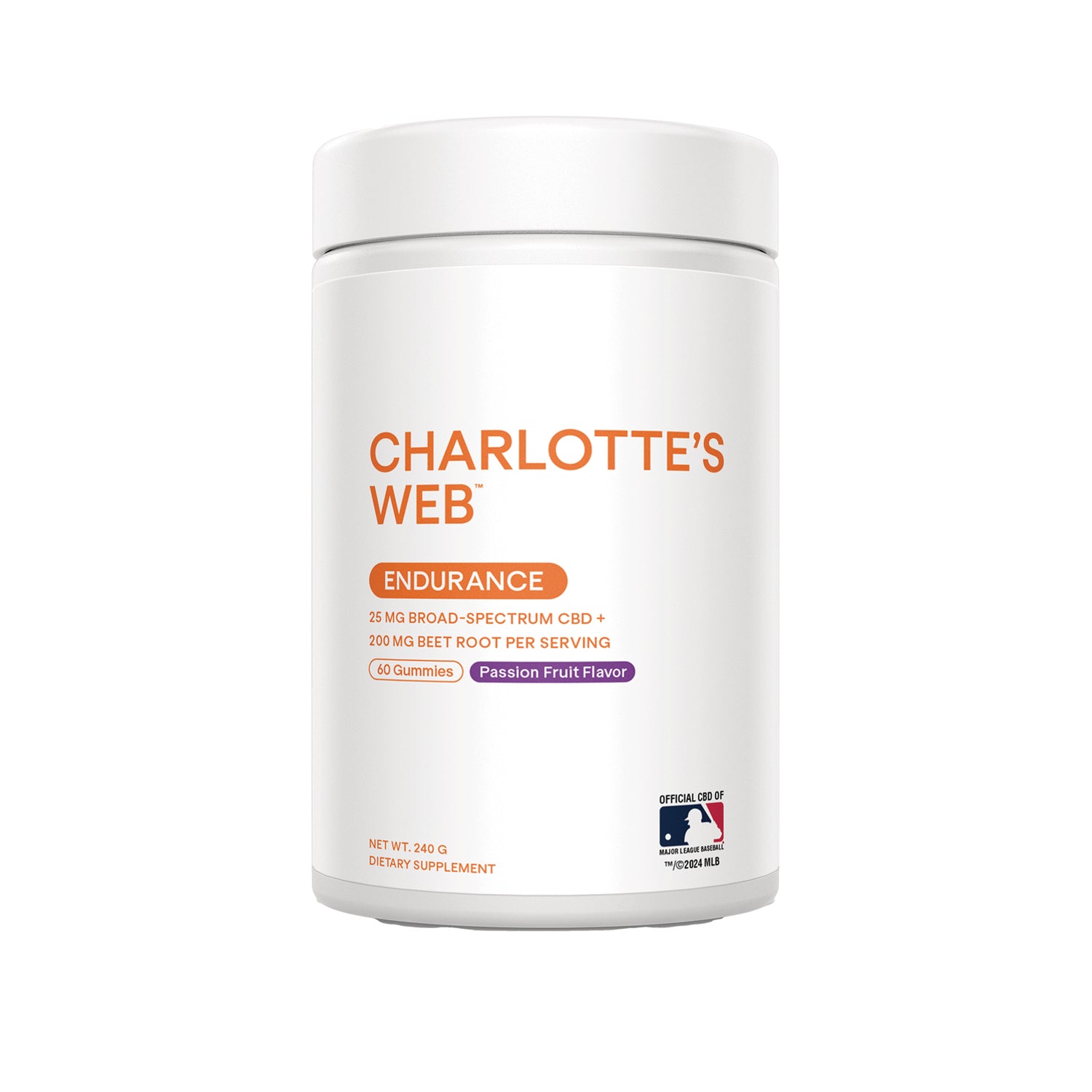 RE001 | White supplement jar labeled CHARLOTTE'S WEB Endurance 25 mg broad-spectrum CBD 60 gummies Passion Fruit flavor