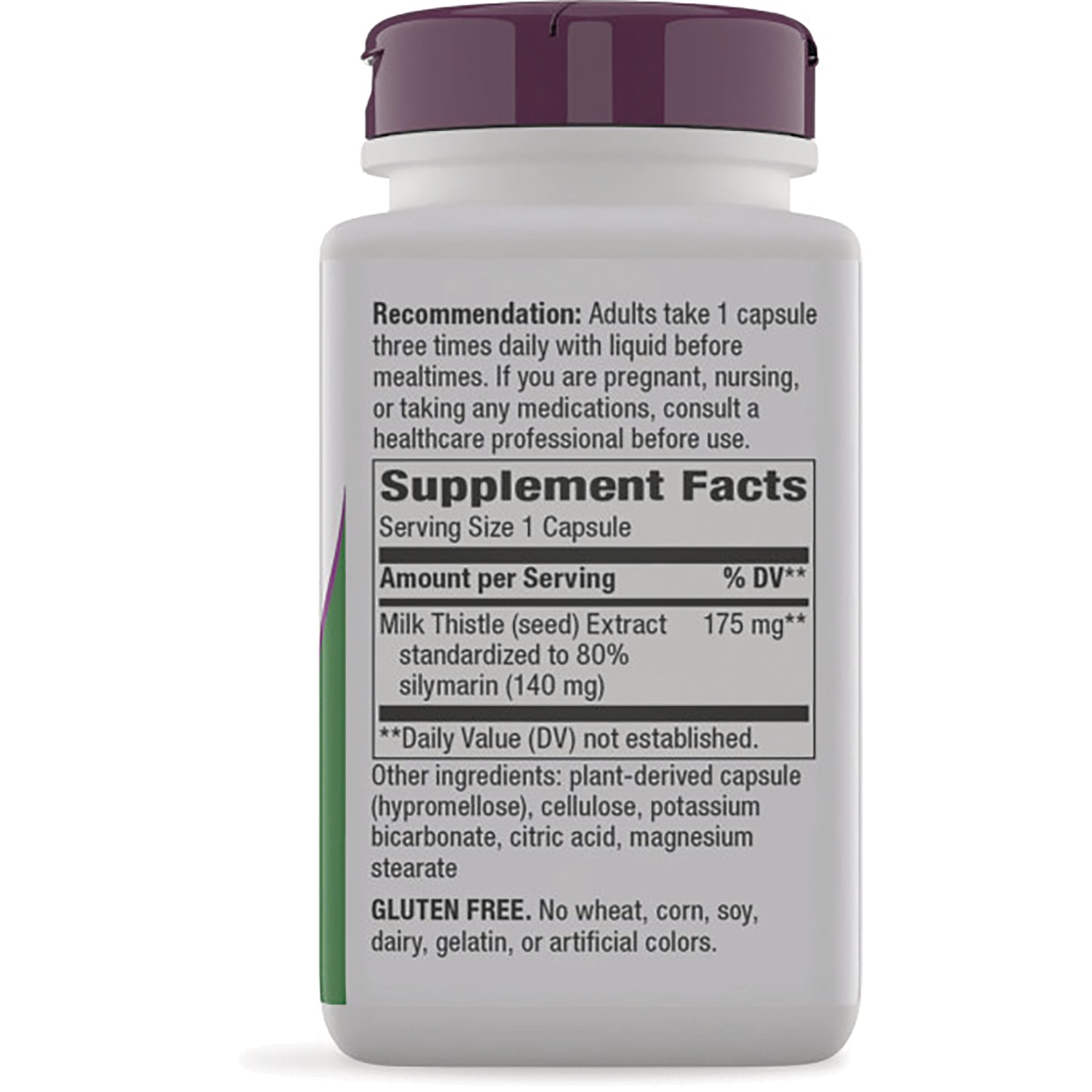 NW022 | Back of white supplement bottle showing Supplement Facts panel, directions and gluten free statement