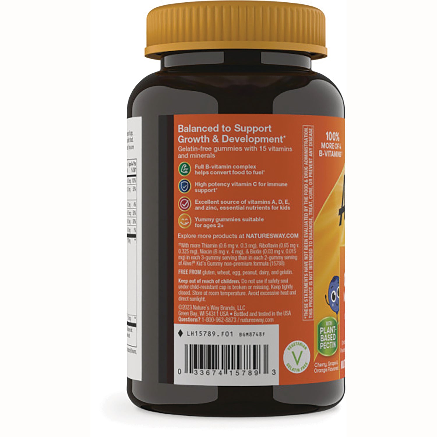 NW797 | Back of dark supplement bottle showing orange benefits label, barcode, and ingredient panel