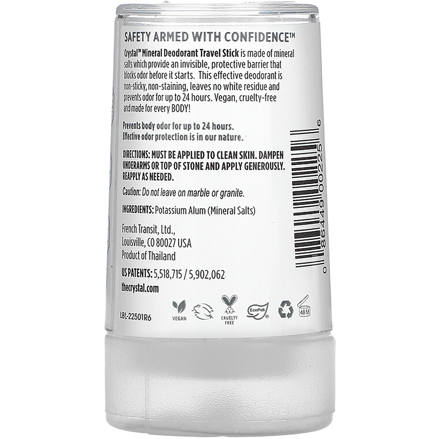 CRY006 | Back label of mineral deodorant travel stick showing directions, ingredients, and barcode