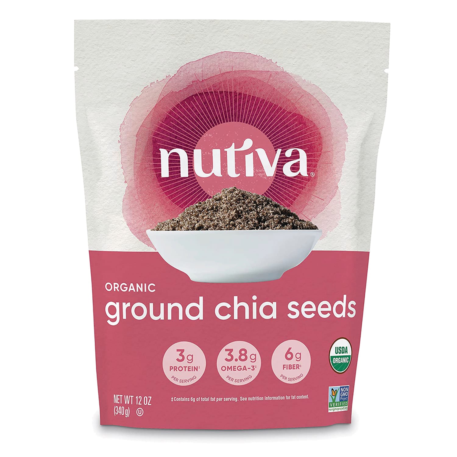 NTV032 | Nutiva organic ground chia seeds pouch front with bowl of ground chia and nutrition badges