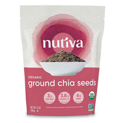 NTV032 | Nutiva organic ground chia seeds pouch front with bowl of ground chia and nutrition badges