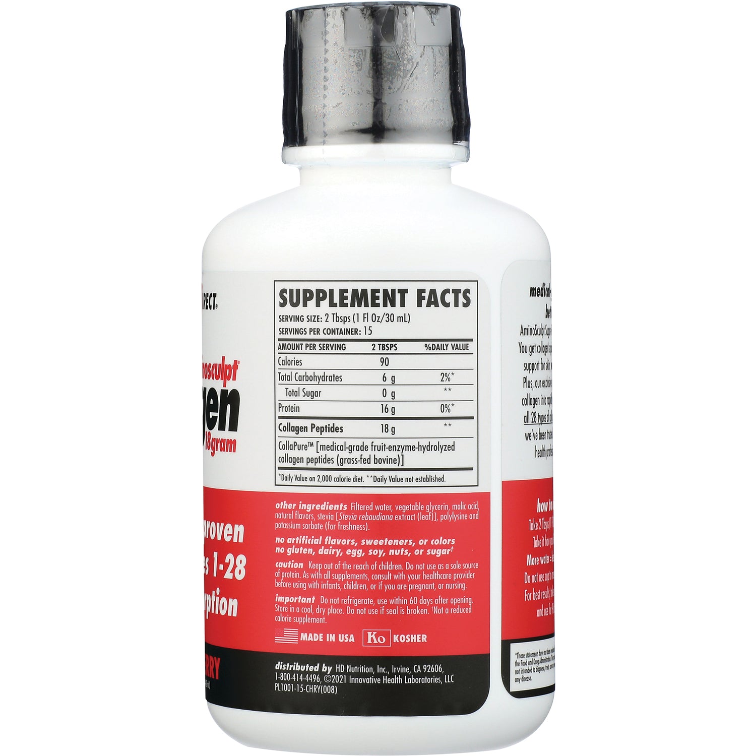 Bottle back showing Supplement Facts panel and ingredient text on white and red label