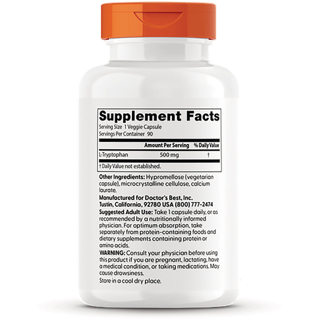 DB085 | Back label of white supplement bottle showing Supplement Facts for L-Tryptophan 500 mg and ingredient and warning text - Thumbnail