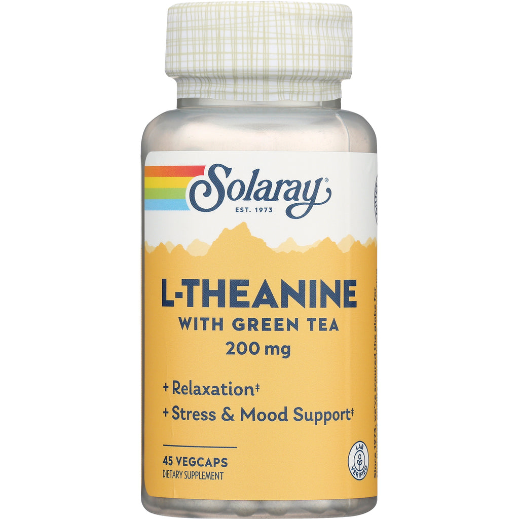 SLR372 | Solaray L-Theanine with Green Tea 200 mg, 45 vegcaps dietary supplement bottle - Thumbnail