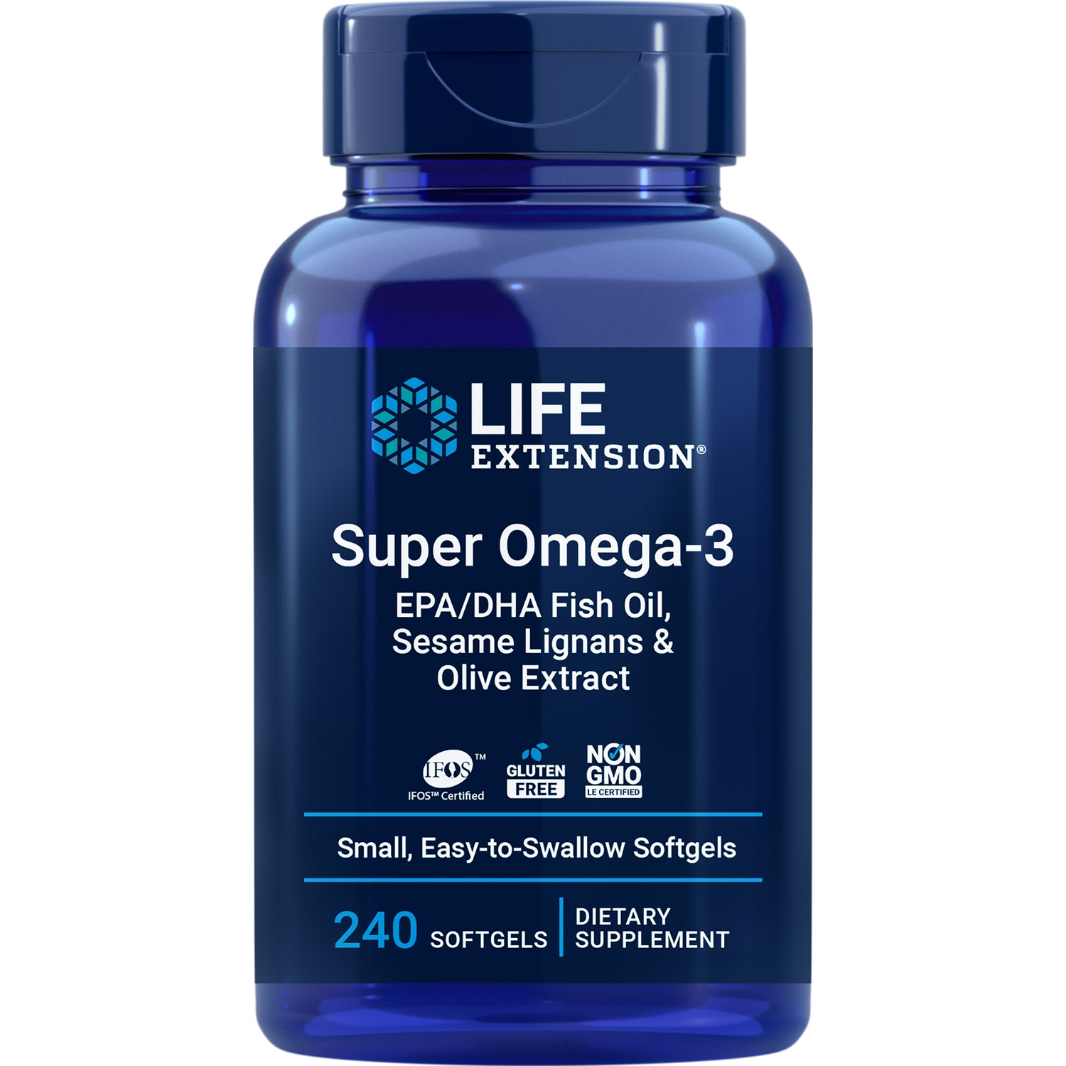 LE390 | Life Extension Super Omega-3 bottle, EPA/DHA fish oil softgels, 240 count