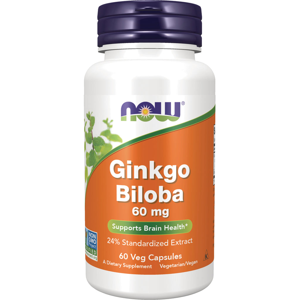 NWF308 | NOW Ginkgo Biloba 60 mg white bottle with orange label, 60 veg capsules, supports brain health - Thumbnail