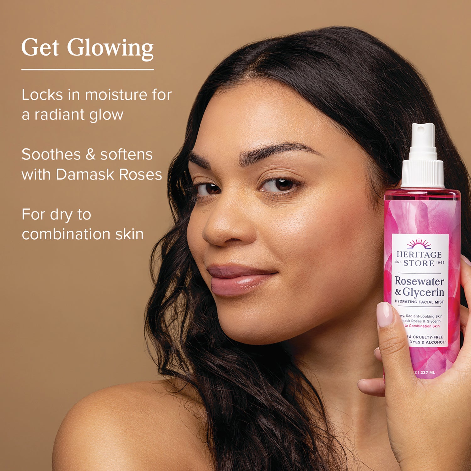 HTG040 | Woman holding Heritage Store Rosewater & Glycerin facial mist next to text Get Glowing and product benefits