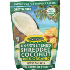 LDO003 | Unsweetened shredded coconut 100% organic pouch, 8 oz package with gluten free and USDA Organic labels
