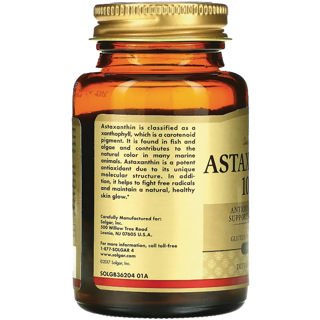 SLG320 | amber supplement bottle product infographic back label describing astaxanthin benefits and manufacturer information - Thumbnail