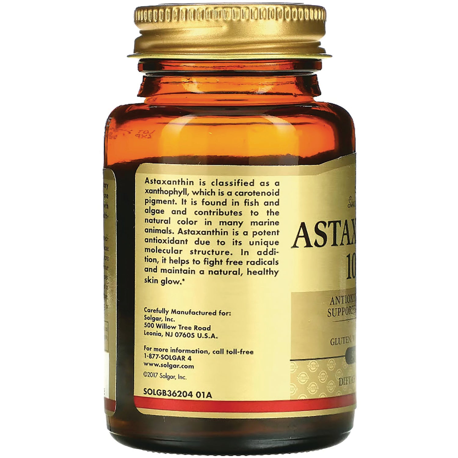 SLG320 | amber supplement bottle product infographic back label describing astaxanthin benefits and manufacturer information