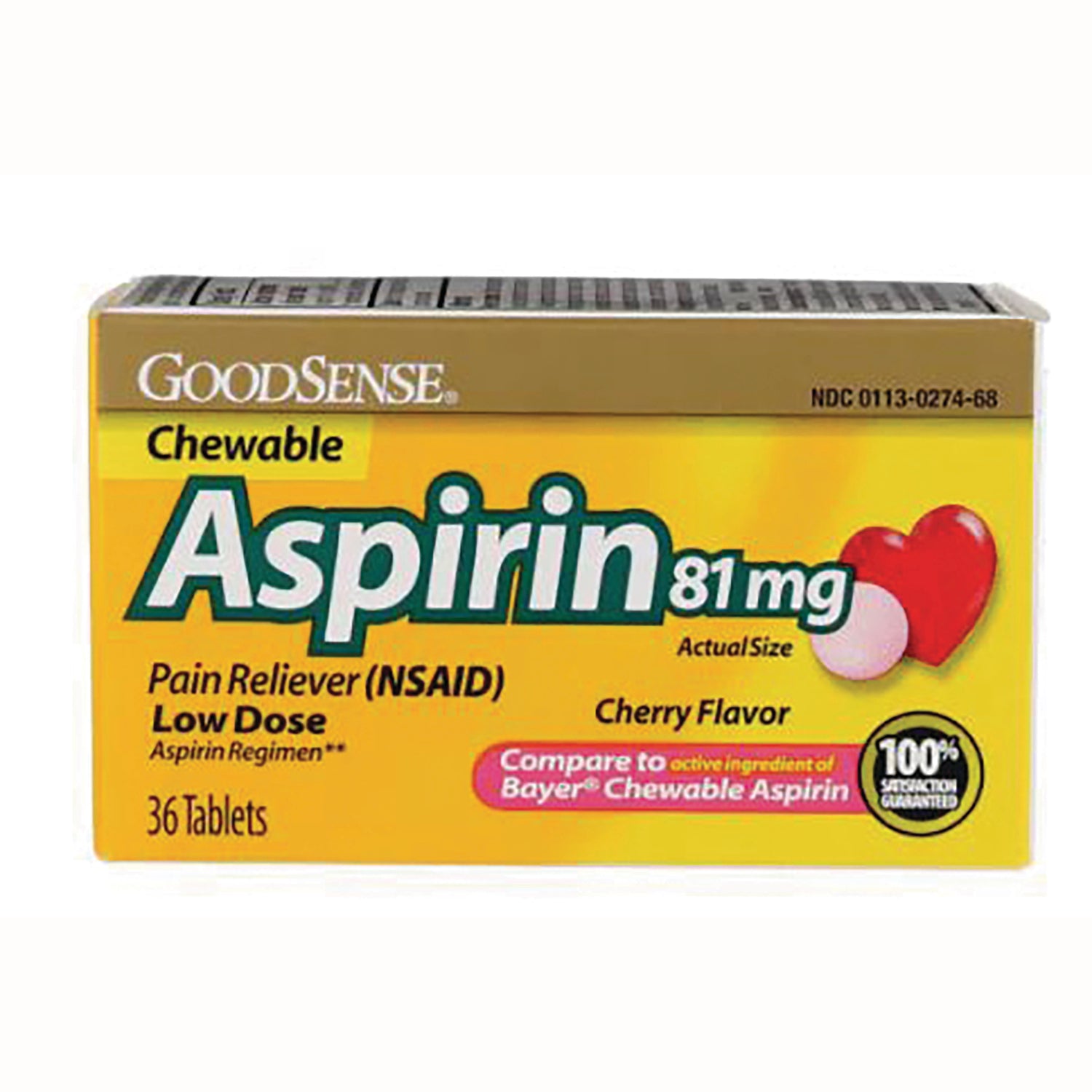 GDS015 | GoodSense chewable Aspirin 81 mg box, cherry flavor, 36 tablets, front packaging