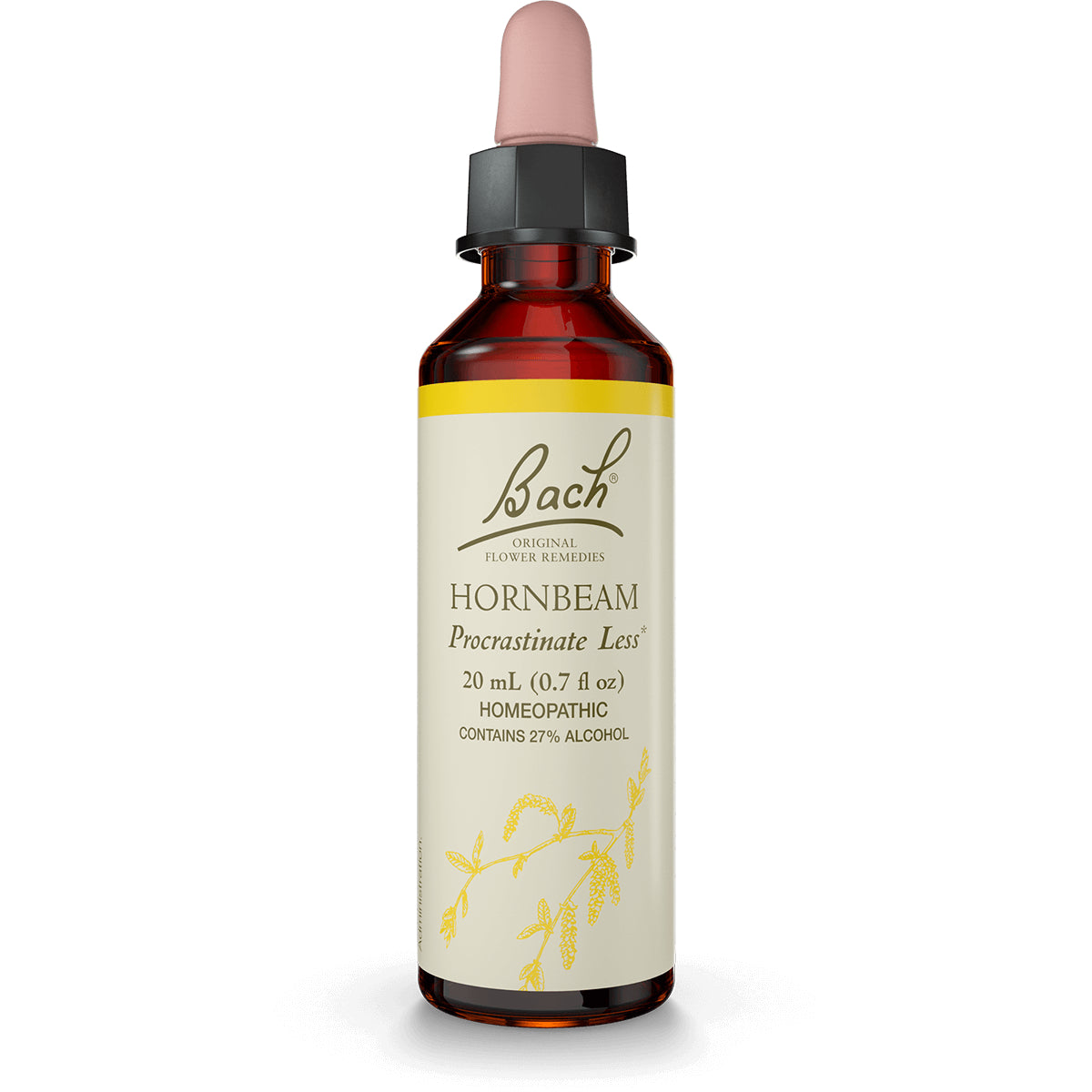 BFL003 | Bach Hornbeam Procrastinate Less 20 mL homeopathic dropper bottle, label reads Contains 27% alcohol