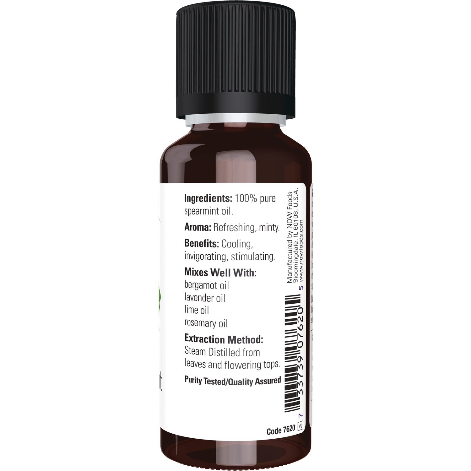 NWF636 | Back label of amber essential oil bottle showing ingredients, benefits, mixing suggestions, extraction method and barcode