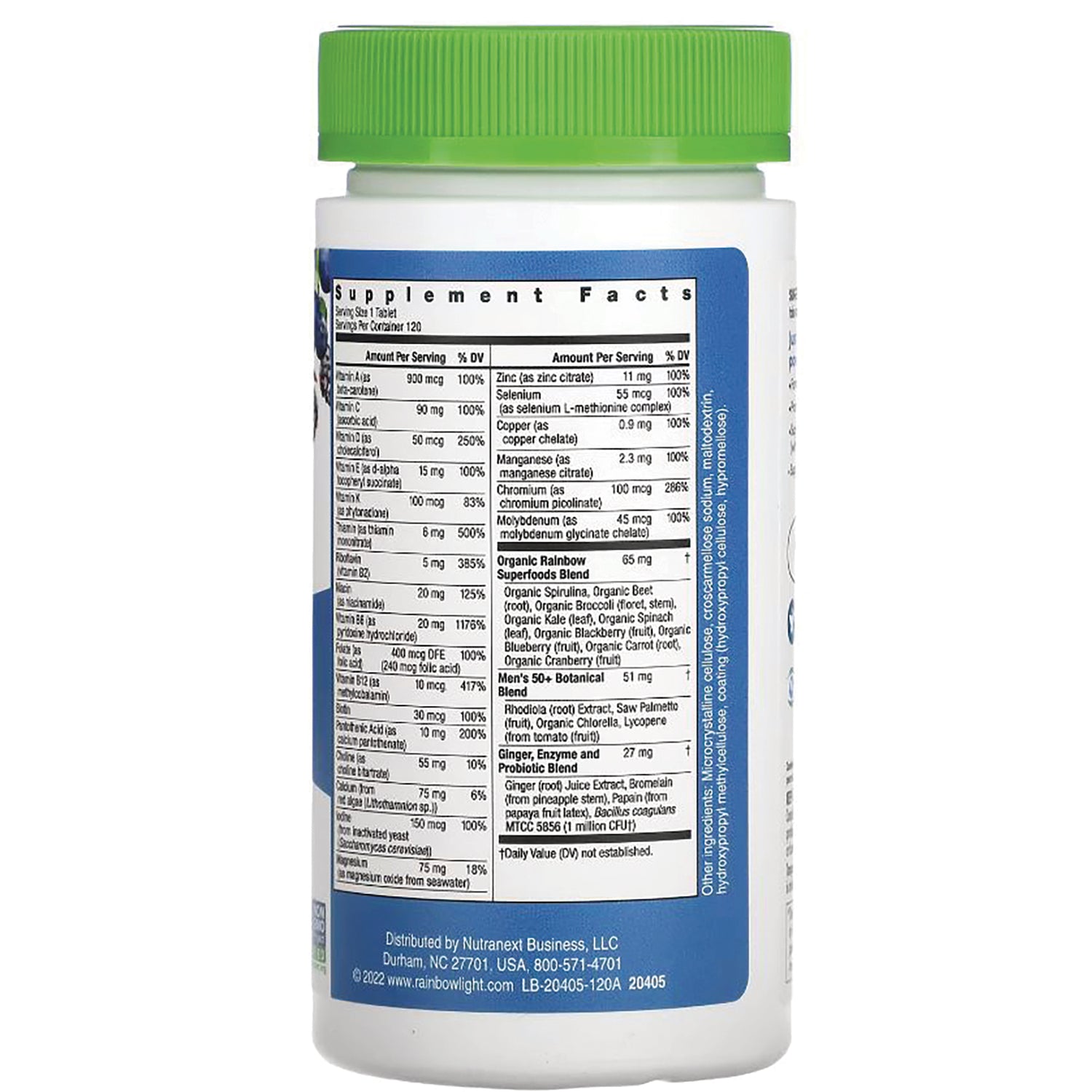 RBL164 | back label showing Supplement Facts and ingredient panel on white bottle with green cap