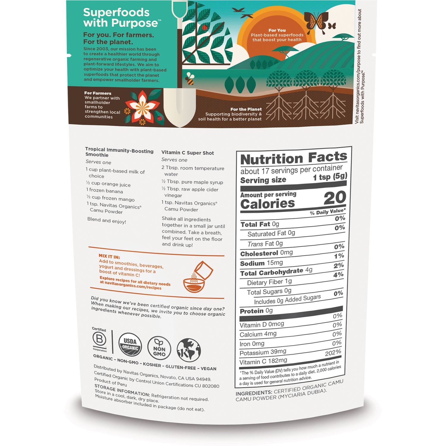 NAV035 | Back of white product pouch showing Nutrition Facts panel, ingredients, serving size, and brand graphics