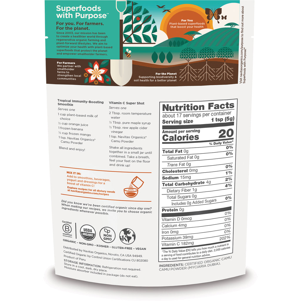 NAV035 | Back of white product pouch showing Nutrition Facts panel, ingredients, serving size, and brand graphics - Thumbnail