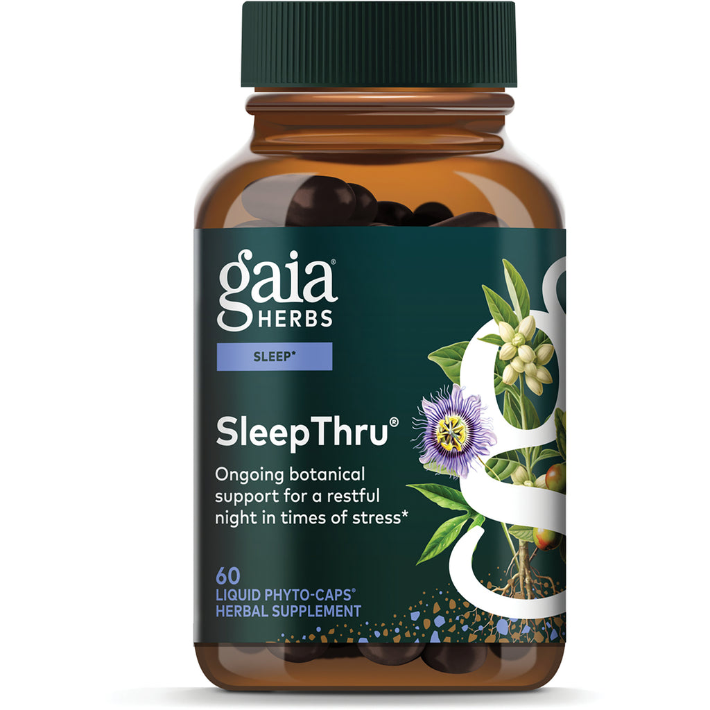 GH070 | Gaia Herbs SleepThru front label showing sleep support text Supports a good night's rest and 60 vegan liquid phyto-caps - Thumbnail